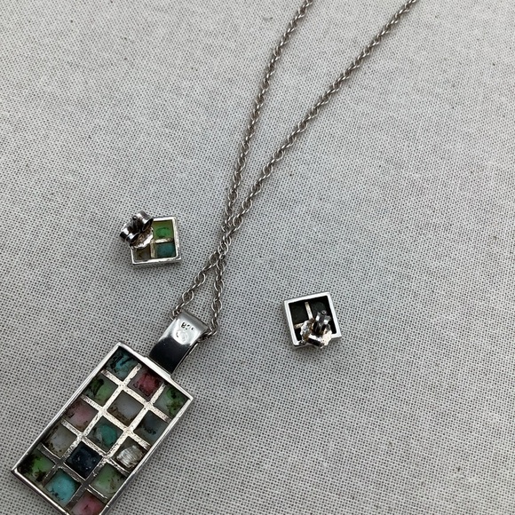 Vintage Sterling Silver Geometric Mosaic Necklace and Earrings Set - Picture 4 of 4